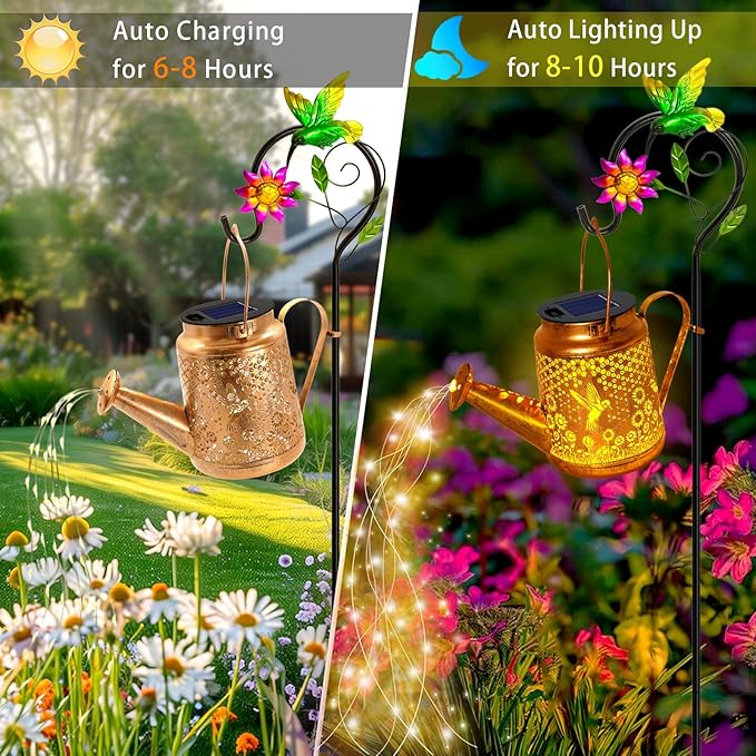 Hummingbird Solar Lights Outdoor Waterproof Birthday Gifts for Christmas Mom Grandma Women Solar Watering Can Lights with Shepherd Hook Metal Hanging Lantern Garden Decor Yard Outside Patio Lawn