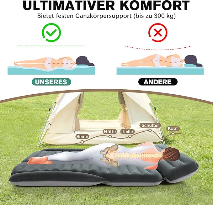 KMZ SUV Air Mattress Double Sided Thickened Flocking Car Bed – Portable Inflatable Mattress Pad for Camping &amp Travel with 2 Pillows &amp Electric Pump (Green+Light Gray)