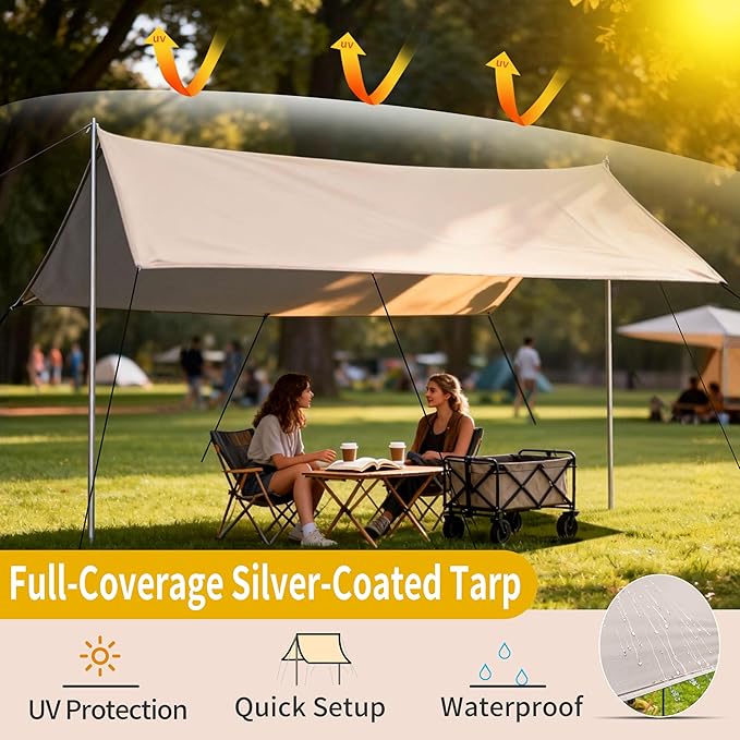 Hexagon Silver Camping Tarp Rain Fly Tarp Camping Canopy Lightweight Ripstop Fabric - UPF50+ Sun Shelter Waterproof &ampWindproof Beach Tent (118x118in Sand Gold Blackout Fabric)