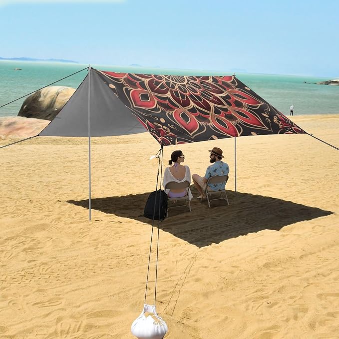 Brown Red Mandala Beach Tent Sun Shelter 9.2' x 10.5' Beach Canopy with 4 Sandbags 4 Stability Poles Sand Shovels - Tent Canopy for Beach Camping Fishing Picnics