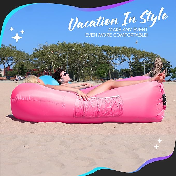 Nevlers 450Lbs Cap Outdoor Inflatable Couch for Camping in Pink | Tough 210T Polyester Air Chair Inflatable Lounger | Inflatable Chairs for Movie Night Hiking Travel Beach Chair &amp Portable Hammo