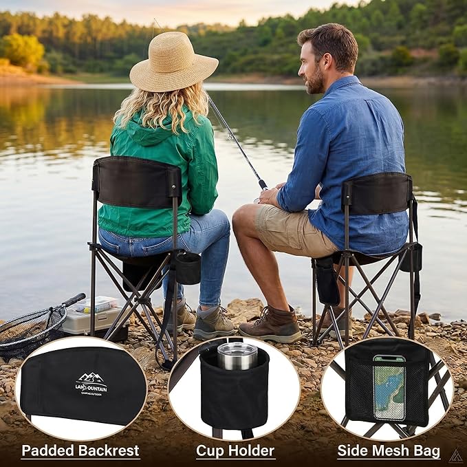 2 Pack Folding Camping Tripod Stool with Backrest &amp Cup Holder Lightweight Portable Outdoor Chairs for Adults Compact 3-Leg Seat for Fishing Hunting Hiking &amp Travel w/Bag - Black