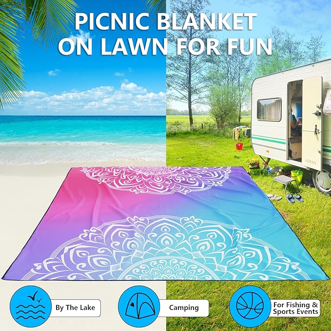 AISPARKY Beach Blanket Waterproof Sandproof Oversized Large Beach Mat 79 X 83/120x108 for 1-8 Adults Quick Drying&ampCompact&ampLightweight Picnic Mat Vacation Essentials for Beach Camping Tr