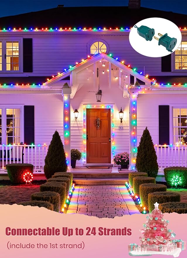 C9 LED Christmas Lights Outdoor 68 Feet 100 LED Strawberry String Lights with 100 Spring Clamps Waterproof Commercial Grade Extendable for Outside Roofline Patio Home Xmas Decoration Multicolor