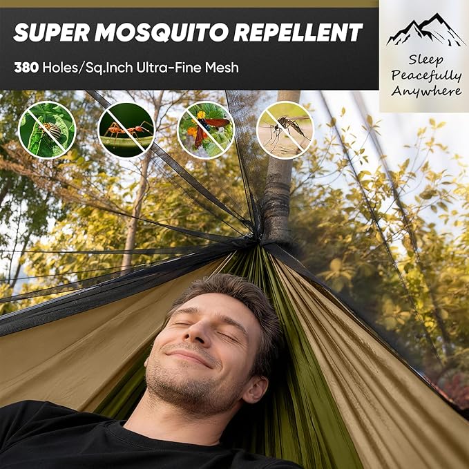 Camping Hammock with Mosquito Net 600 lbs Portable Hammock with Tree Straps2-in-1 Double/Single Travel hammocks Tent for Outside/Indoor/Backpacking/Beach-Green&ampKhaki