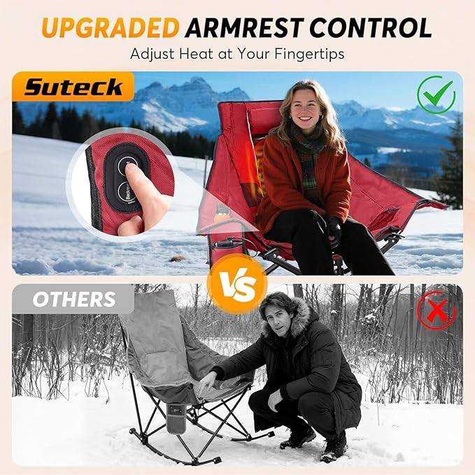 Suteck Heated Rocking Camping Chair - Oversized Heated Camping Chair W/20000mAh Power Bank &amp Carry Bag Fully Padded Heated Chairs for Outdoor Sports W/3 Heat Levels for Back &amp Seat Lawn Picn