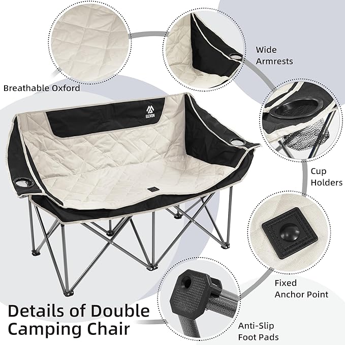 Elevon Camping Chair Oversized Loveseat Double 2 Person Outdoor Chair with Arms Cup Holder and Carry Bag Heavy-Duty Collapsible Chair for OutsideBlack/White