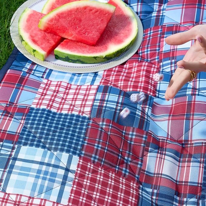 Weatherproof Vintage Waterproof Outdoor Blanket- Blue and Red Roll Up Throw Blanket with Handle Velcro Closure - Camping Supplies Travel Blanket for Beach Picnic &amp Events 60x72 (Madras)