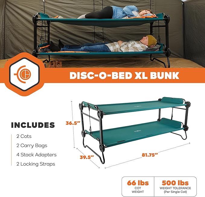 Disc-O-Bed Extra Large Portable Bunk Camping Cots with Carry Bags - Heavy-Duty Indoor or Outdoor Sleeping System Converts to Bench or Separate Beds 500 lb Weight Capacity Per Cot Green