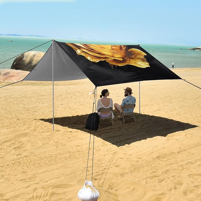ALAZA Gold Rose Flower Beach Tent Sun Shelter UPF50+ Protection Beach Shade Canopy w/ 4 Sandbags for Outdoor Camping Fishing Backyard Fun Picnic 10x9 ft