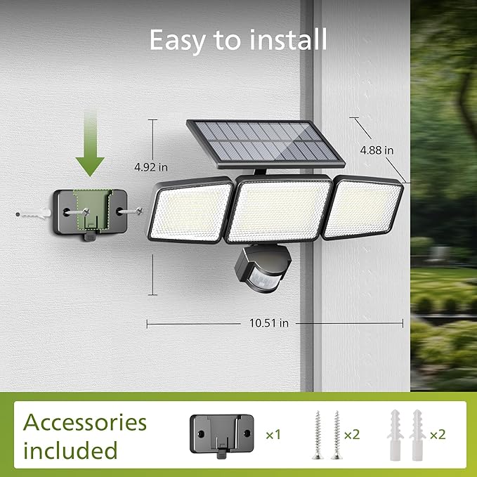 Philips Solar Security Light Outdoor Light 302 LEDs 1200lmSolar-Powered Waterproof Wall-Mounted Flood Light w/PIR Motion Sensor 3 Heads IP65 Waterproof 3 Modes (1 Pack)