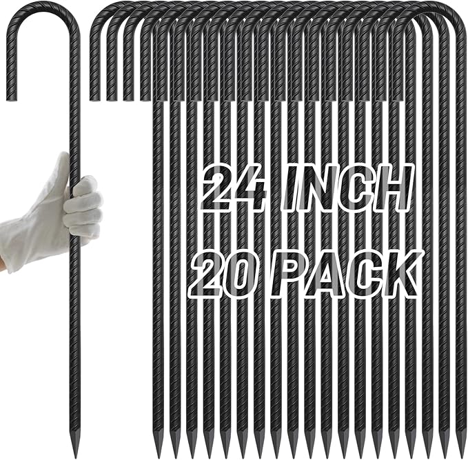 AAGUT Rebar Stakes 24 Inch J Hook Heavy Duty 20 Pack 1/2 Inch Extra Long Tent Stakes with Chisel Point End Black Coated Metal Ground Anchors for Garden Chain Link Fence Camping Greenhouse