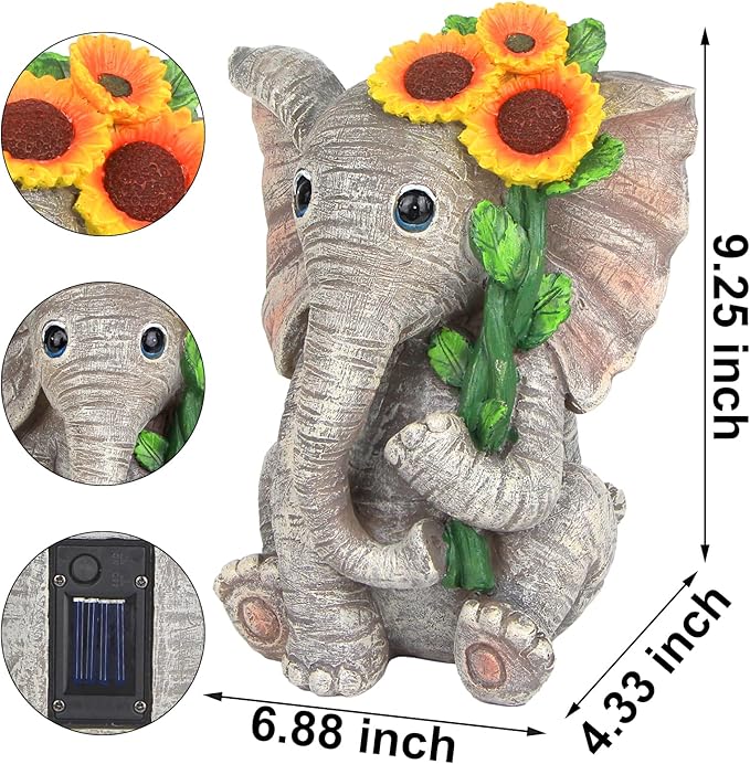 Outdoor Sculpture Figurine Statue Elephant DecorSolar Garden Statues for Patio Home Yard DecorGood Luck Sunflower Elephant for Women Mom Gifts Housewarming Gift