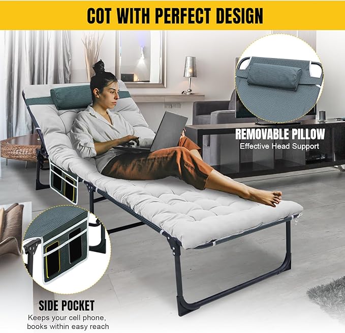 YELLOW JACKET Folding Camping Cot for Adults Adjustable 5-Position Portable Sleeping Cot Bed with Pillow and Removable Mattress Reclining Foldable Camp Cots for OutdoorHomeBeachPatioGrey