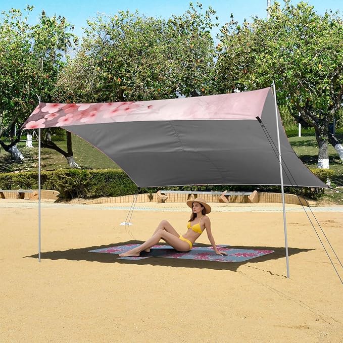 Pink with Butterflies Beach Tent Sun Shelter 9.2' x 10.5' Beach Canopy with 4 Sandbags 4 Stability Poles Sand Shovels - Tent Canopy for Beach Camping Fishing Picnics