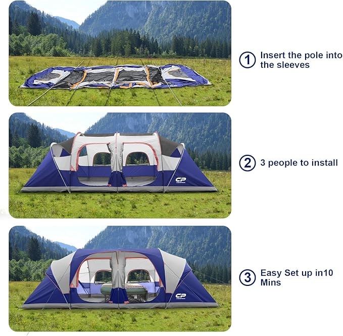 CAMPROS CP Tent 12-Person-Camping-Tents3 Room Family TentsWaterproof Windproof Family Tent with Top Rainfly6 Large Mesh WindowsDouble LayerEasy Set Up Portable with Carry Bag-20' x 9' x 72(H)
