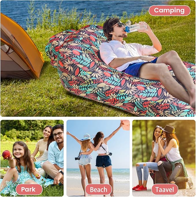 ele ELEOPTION Outdoor Inflatable Camping Couch Waterproof Portable Blow Up Air Sofa Chair Lounger for Backyard Beach Traveling Camping with Compression Sacks (Red Leaf Print)