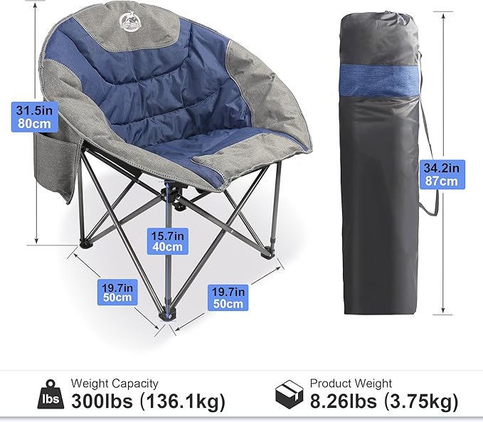Northroad Folding Compact Camping Moon Chair Outdoor Padded Saucer Round Chair w/Cup Holder Supports up to 300 lbs for Beach Hiking Fishing Picnic LawnBlue