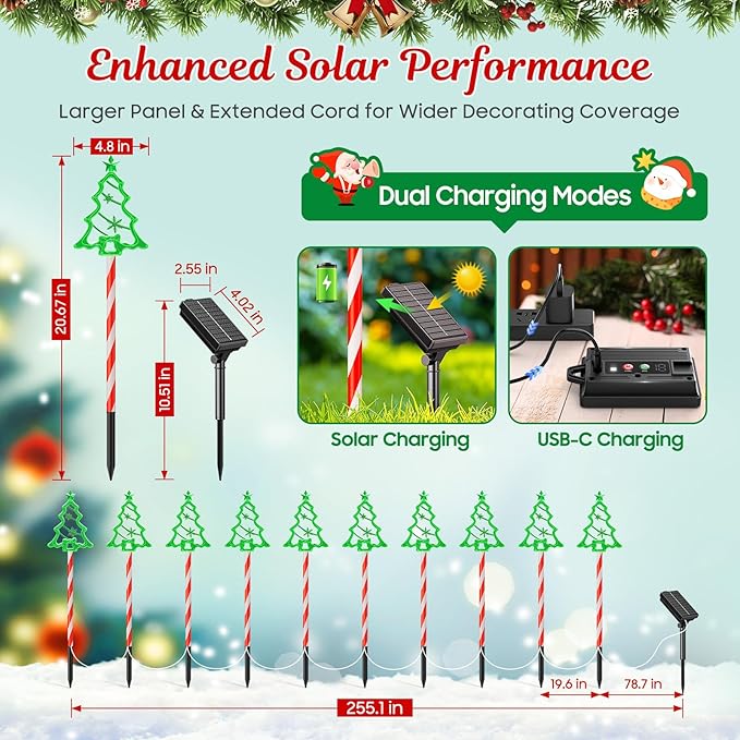 WdtPro Solar Christmas Pathway Lights Outdoor Decorations 10 Pack Xmas Tree Candy Lights for Yard Walkway Lawn Porch 10 Modes Led Waterproof Garden Patio Stake Lights Holiday Decor