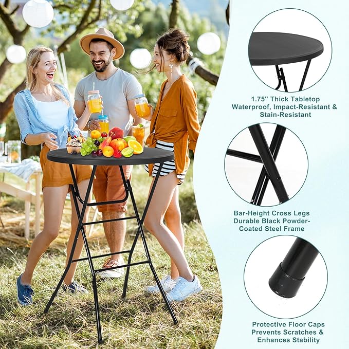 Nice C Plastic High Top Round Table Portable Cocktail Bar Table 31.5 Folding Counter Height Tables Waterproof Outdoor/Indoor Tables for Parties Weddings Camping Backyard (Black 2 Pack)