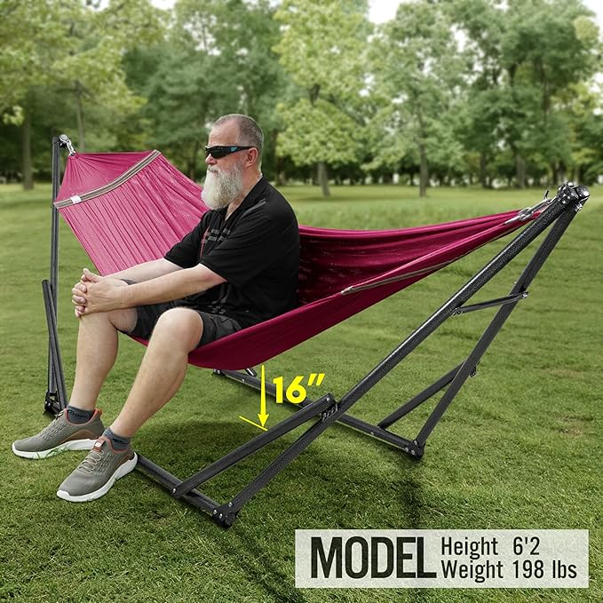Tranquillo Universal Double Hammock with Stand Included for 2 Persons/Foldable Hammock Stand 600 lbs Capacity Portable Case - Inhouse Outdoor Camping Red
