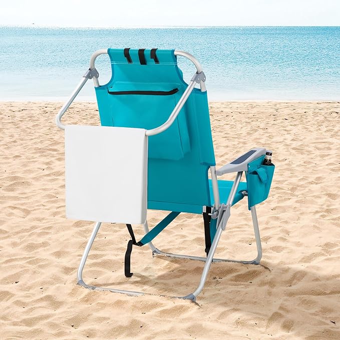 Backpack Beach Chairs Low 5 Position Beach Chair with Pouch Straps Folding Lightweight Reclining Aluminum Lay Flat Single (Mint Green High)