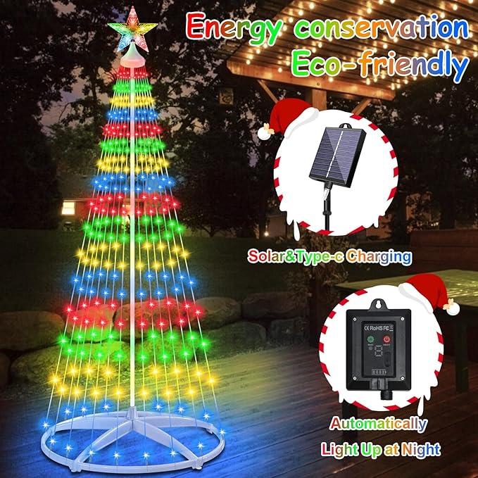 6ft Solar Powered Christmas Cone Tree Lights with Star Topper Outdoor Christmas Tree with 11 Modes Timer Remote Dimmable Waterproof for Yard Holiday Christmas Decoration Warm White &amp Multicolo