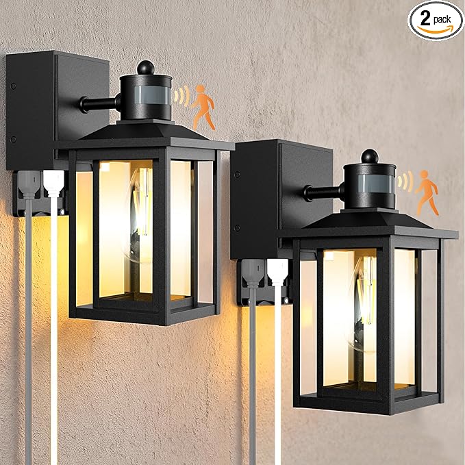 LTBLIGHT 2-Pack Motion Sensor Outdoor Lights with Plug Outlet 3 Modes Exterior Porch Lights Wall Mount Anti-Rust Outside Lanterns for House Entry Backyard Patio 120V