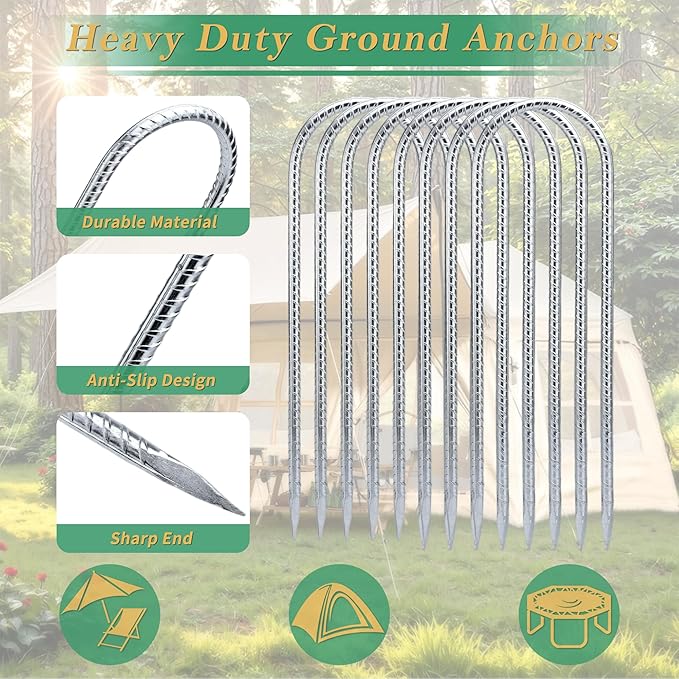 YANYUCB Ground Anchors8 Pack Galvanised Threaded Steel Rebar StakesTrampoline Stakes12 Inch Heavy Duty U Hook Ground Stakes for Fixing TentsSwing FramesTrampolinesGardening