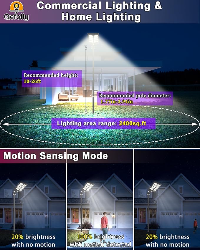 Gefolly SL-3800W Solar Street Light Outdoor Wide Angle Commercial Parking Lot Lights Dusk to Dawn 6500K Flood Security Light IP67 Lamp for Basketball Court Yard Road