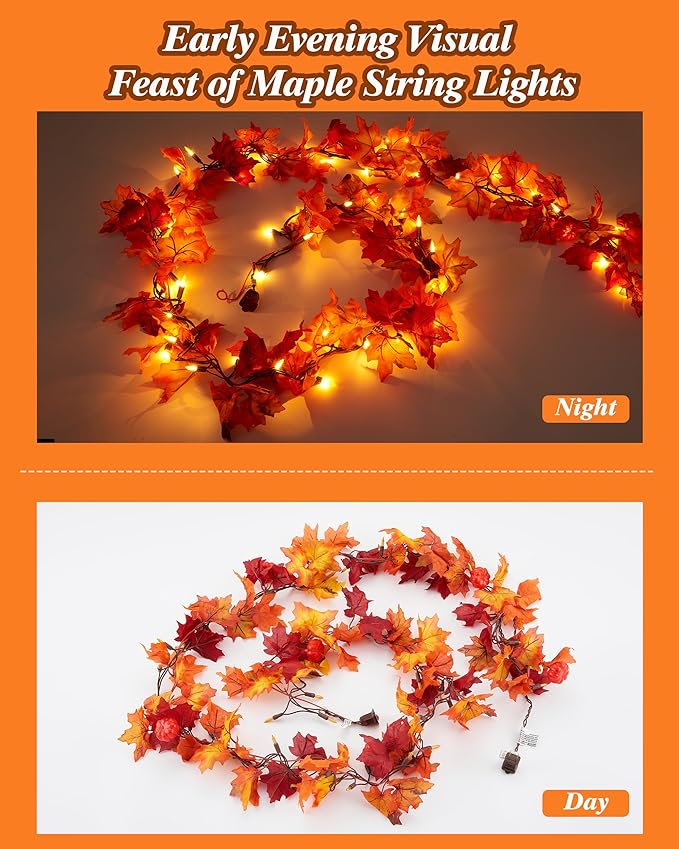 VCOKEN 11FT Fall Garland With Lights - 50 Bulbs Connectable Maple Leaves With Pumpkin Plug-in Decor for Outdoor Indoor Halloween Thanksgiving Holidays