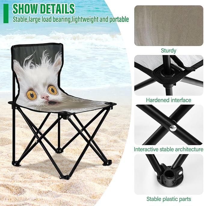 Cartoon Funny LaPerm Cats Fear Foldable Camp Chairs for Adults Heavy Duty Ultra Lightweight Beach Chair Backpack Carry Bag Included Ice Fishing Chair for Camping Lawn