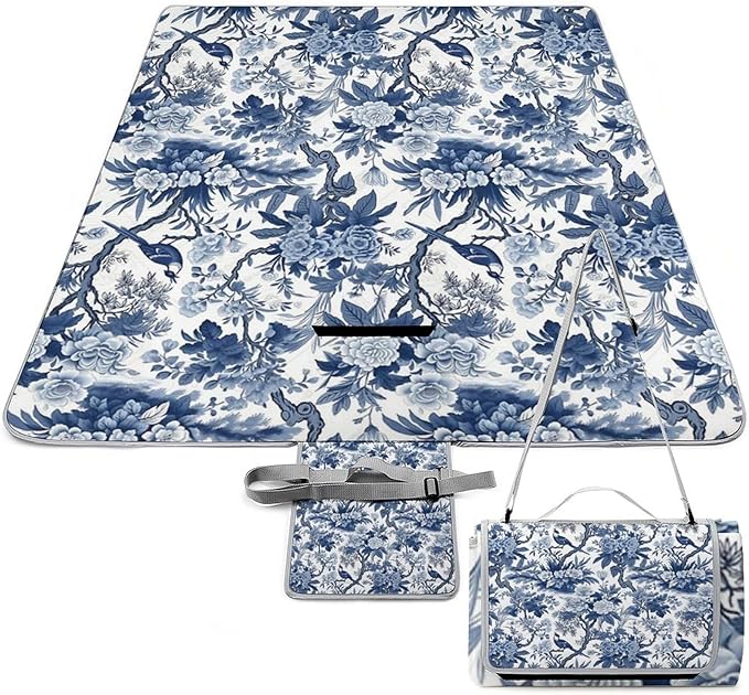 Blue and White Chinese Style Chinoiserie Folk Waterproof Outdoor Picnic Blanket Sandproof Beach Mat for Camping Hiking Grass Travelling