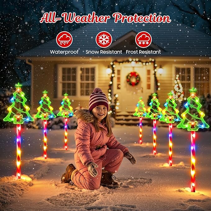WdtPro Solar Christmas Pathway Lights Outdoor Decorations 10 Pack Xmas Tree Candy Lights for Yard Walkway Lawn Porch 10 Modes Led Waterproof Garden Patio Stake Lights Holiday Decor