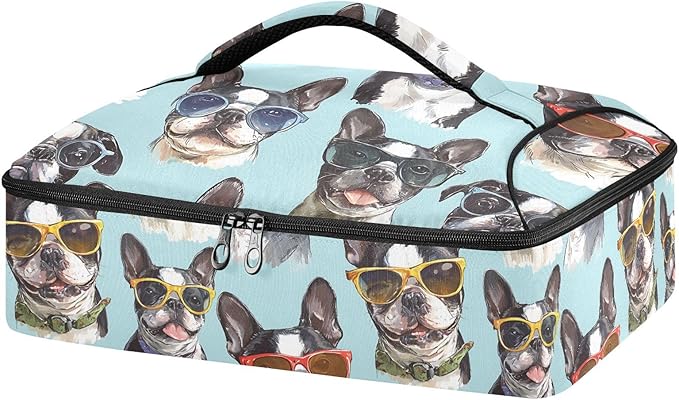 Casserole Carrier Dog Wearing GlassesInsulated Casserole Carrier for Hot or Cold Food Thermal Lunch Tote for Potluck Parties Picnic Beach Fits 9 x 13 Inches Baking Dish