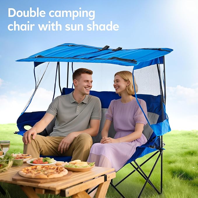 Outdoor Folding Chair with Umbrella Camping Chairs Loveseat Double Oversized Outdoor Chair with Cup Holder&ampCanopy Shade for BBQ Beach Fishing Easy Fold and Carry (Blue+Grey)
