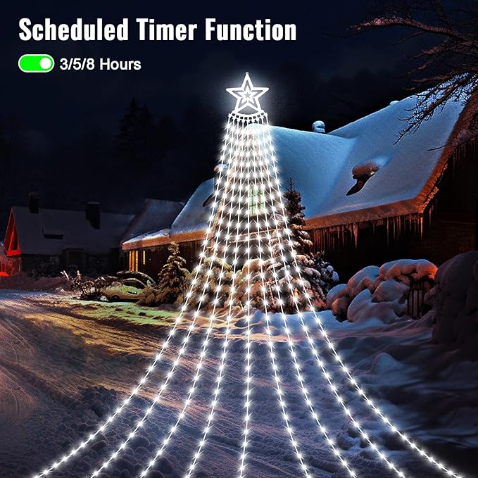 HELESIN Solar Outdoor Christmas Decorations Lights 350LED Christmas Star Tree Light wth Remote Control 8 Modes Waterfall Lights USB Charge for Holiday Xmas Tree Patio Yard Decor Cold White