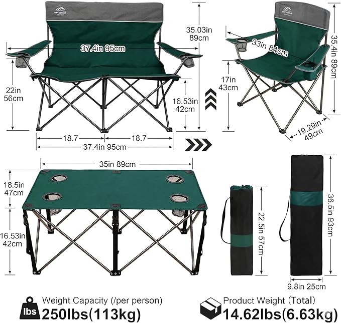 Oversized 4 Pcs Camping Chair Set with TableOutdoor Folding Heavy Duty Lawn ChairCup HolderPortableLoveseat Chair Perfect for Family HikingPicnics and Beach TripsDark Green