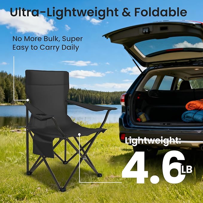 Portable Camping Chair 2 Pack Folding Outdoor Chair with Cup Holder &amp Side Pocket for Camping Hiking Picnic Beach (Black)
