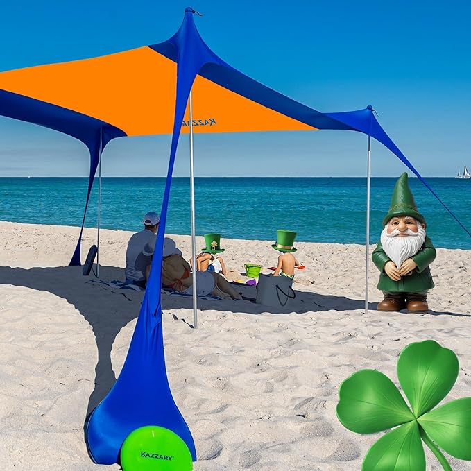 Beach Tent UPF50+ Sun Shade Canopy with Sandbags 4 Stability Poles Ground Pegs Flying Disc Sand Shovel Lightweight Sunshade Shelter 7ft Tall for Outdoor Trips Camping and Sports