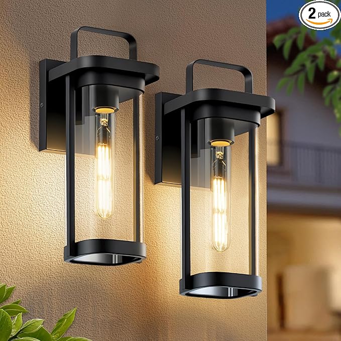 LETRY 2-Pack Outdoor Wall Lights Porch Lights Waterproof Outdoor Wall Sconce Lanterns Exterior Lighting Fixtures Matte Black with Clear Glass Shade for House Patio Garage Doorway Entryway
