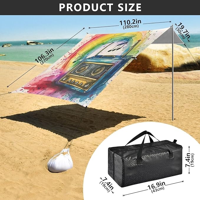 ALAZA Music Notes Radio Rainbow Beach Tent Sun Shelter UPF50+ Protection Beach Shade Canopy w/ 4 Sandbags for Outdoor Camping Fishing Backyard Fun Picnic 10x9 ft
