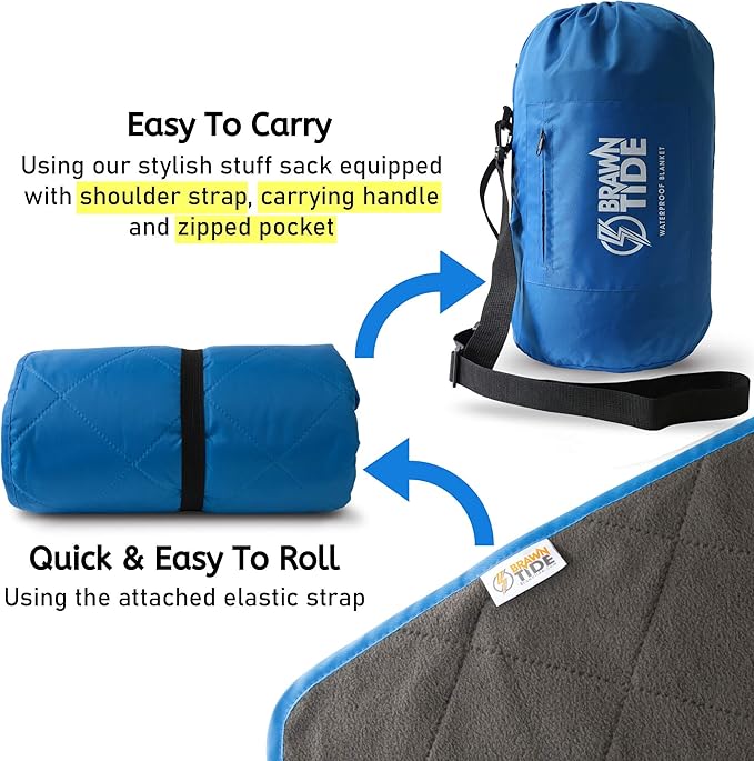BRAWNTIDE Large Outdoor Waterproof Blanket - Extra Thick Fleece Warm Windproof Sandproof Quilted 82 x 55 Ideal for Beaches Picnics Camping Stadiums Dogs Car