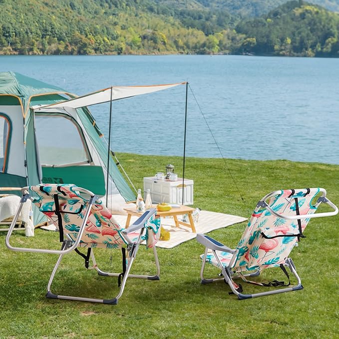 63 * 70 * 99cm Heightened Oxford Cloth Silver White Aluminum Tube Bearing 100kg Beach Chair Flamingo
