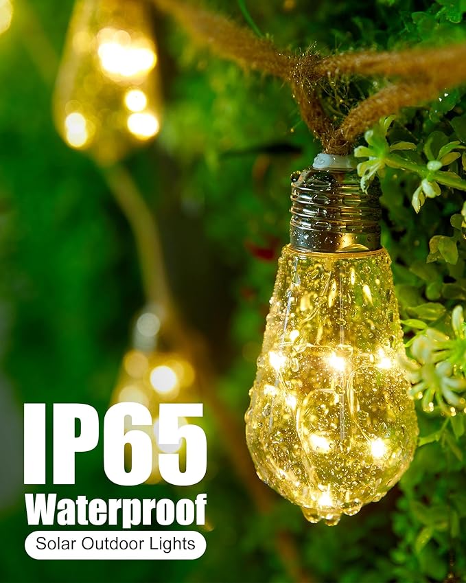 Brightown 30FT Solar String Lights Outdoor with 15 Shatterproof Bulbs 8 Light Modes Vintage Hemp Rope LED Patio Lights Waterproof Hanging Lights for Porch Garden Café Bistro Decor Warm White