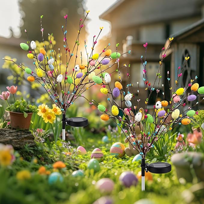 2 Pack Solar Easter Egg Lights Outdoor 96 LED Waterproof Solar Easter Yard Decorations Outdoor Easters Yard Stakes Lights with 2 Lighting Modes for Outside Lawn Walkway Patio Cemetery Grave
