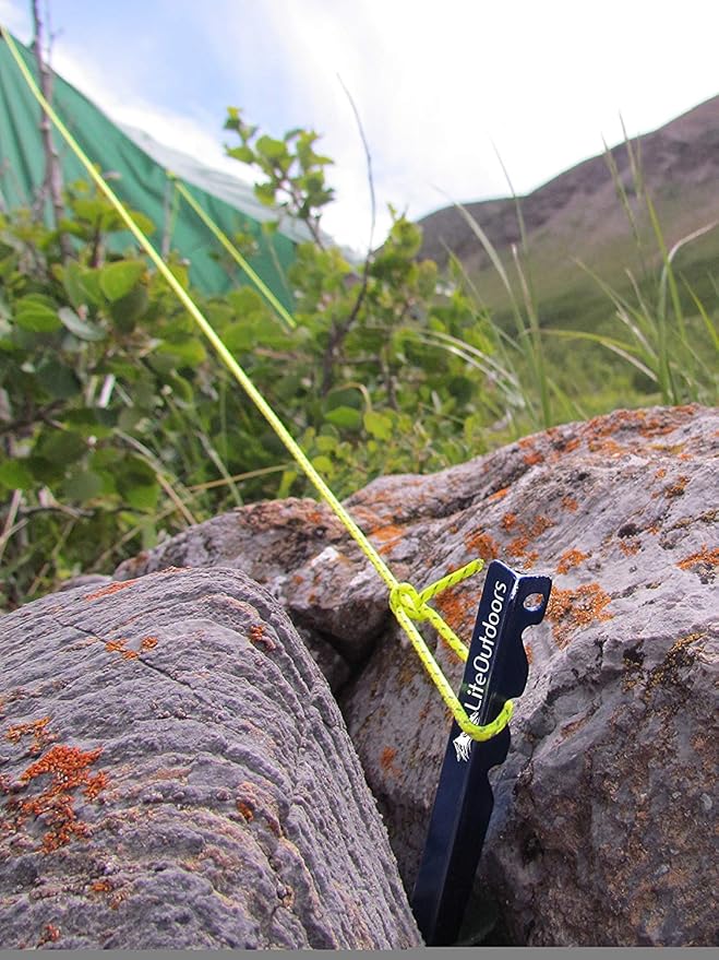 LITEOUTDOORS Ultralight Tent Stake Kit - 12 Aluminum Tent Pegs 100' Reflective Guyline 12 Cord Tensioners - for Backpacking Hiking Camping