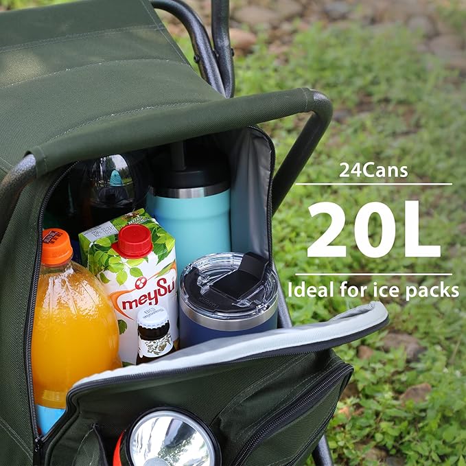 Portal Backpack Cooler Chair Fishing Chairs with Backrest Folding Camping Stool Compact for Outdoors Hiking Hunting Travel Supports 225 lbs Capacity