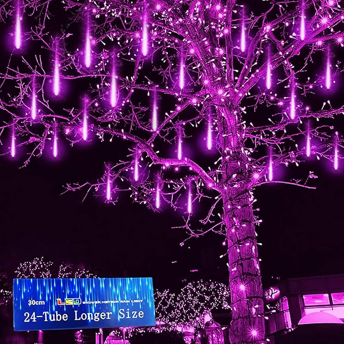 Kwaiffeo Halloween Lights 24 Tubes Meteor Shower Light(Equivalent to 3 Sets of 8-Tube) for Halloween Christmas Decorations Outdoor Purple Lights for Xmas Party Yard Tree Decor UL Plug