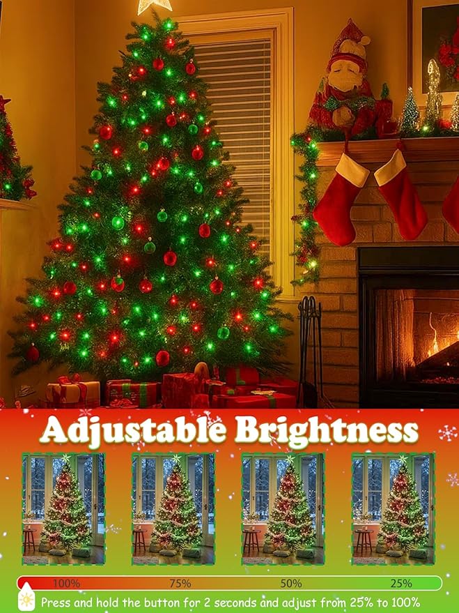 2 Pack Christmas String Lights Indoor Outdoor Super Bright 66FT 200 LED String Lights Waterproof 13 Modes Twinkle Xmas Lights with Timer for Christmas Tree Decorations (Red and Green)